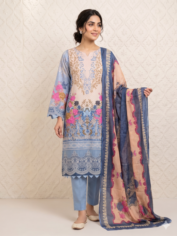 Pastel Floral Elegance 3-Piece Lawn Suit – Soft Blue & Peach (Copy)